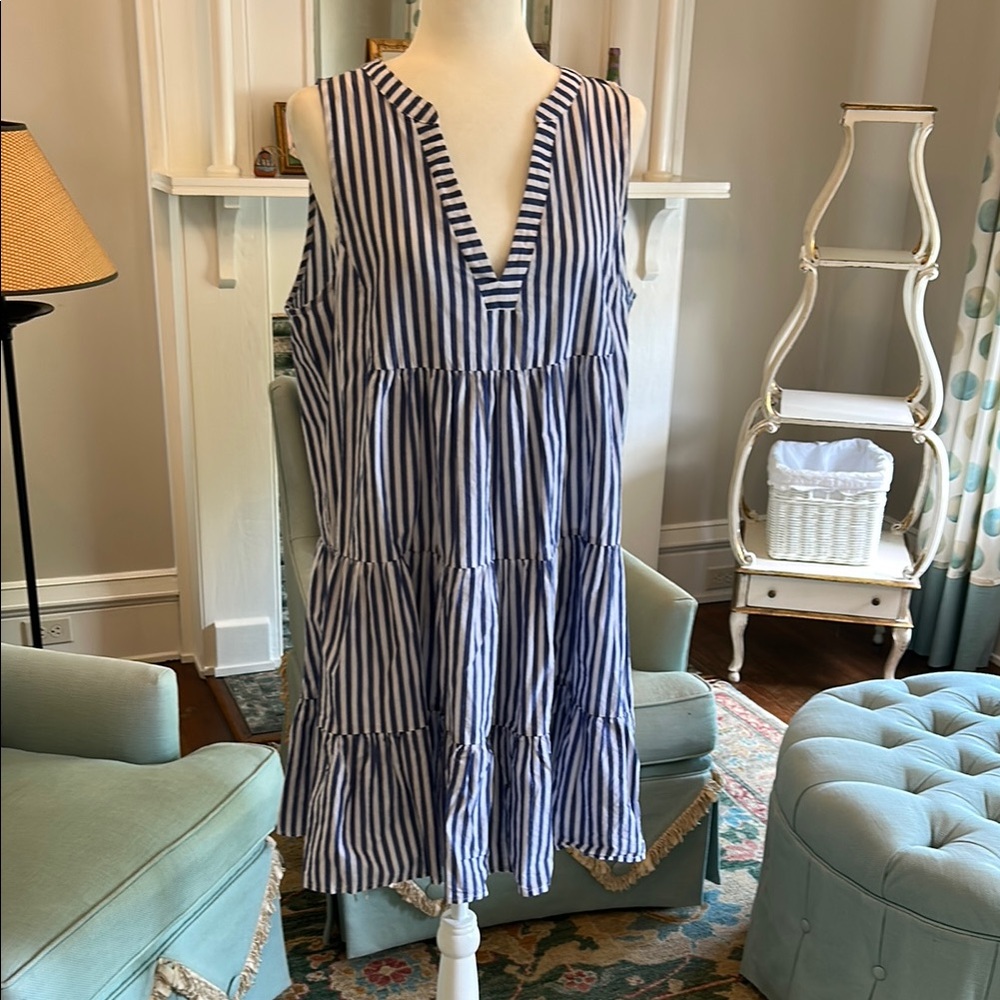 Blue and White Striped Sleeveless Dress